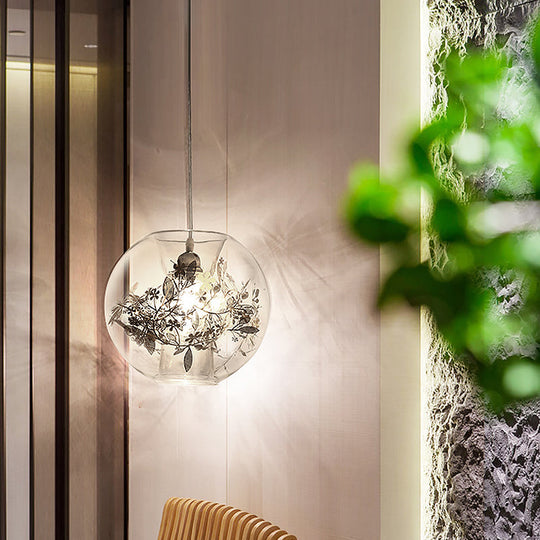 Contemporary Glass Pendant Light For Living Room - Transparent Orb Shade Single Head Suspension