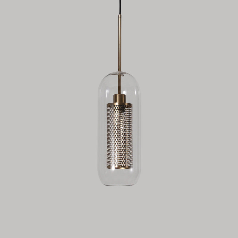 Modern Clear Glass Hanging Light With Mesh Screen For Balcony - Capsule Shape