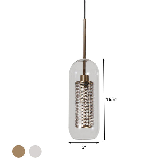 Modern Clear Glass Capsule Hanging Light With Mesh Screen For Balcony Ceiling - 1