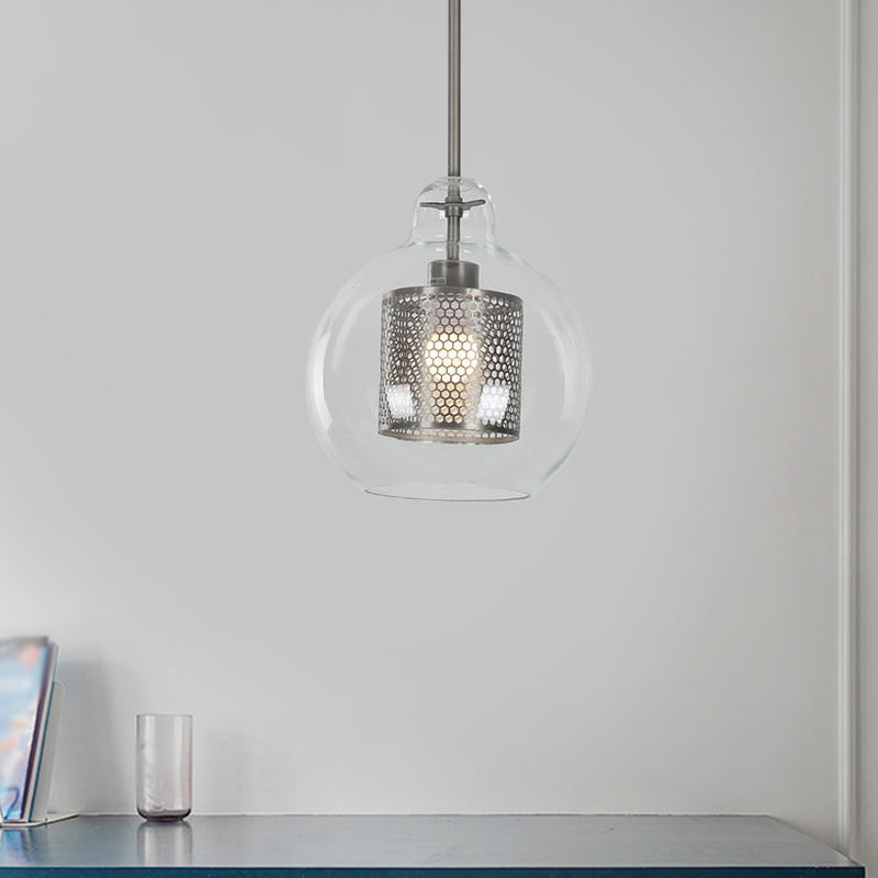 Contemporary Clear Glass Metal Pendant Light For Dining Room - 1-Light Orb Design
