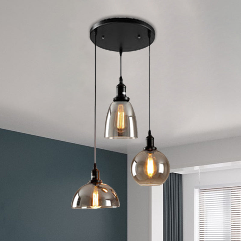 Industrial Smoked Glass Geometric Pendant Light Cluster With Black 3/4 Lights Linear/Round Canopy