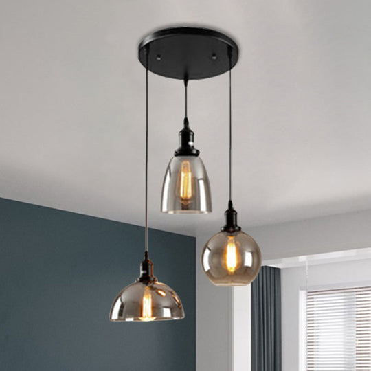 Industrial Smoked Glass Geometric Pendant Light Cluster With Black 3/4 Lights Linear/Round Canopy