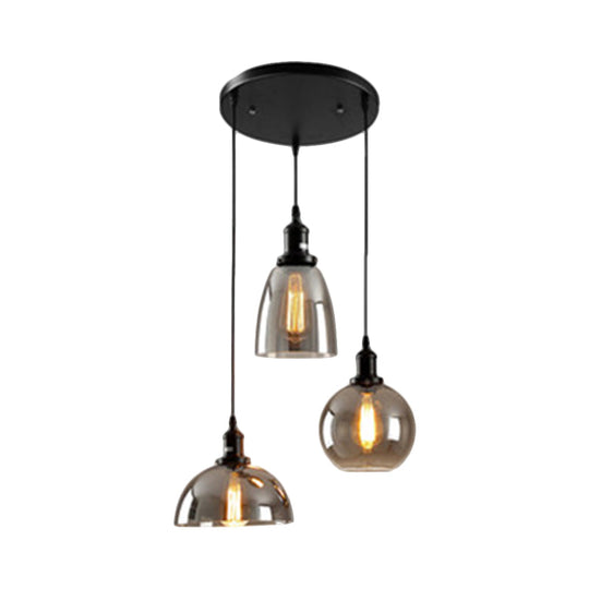 Industrial Smoked Glass Geometric Pendant Light Cluster With Black 3/4 Lights Linear/Round Canopy