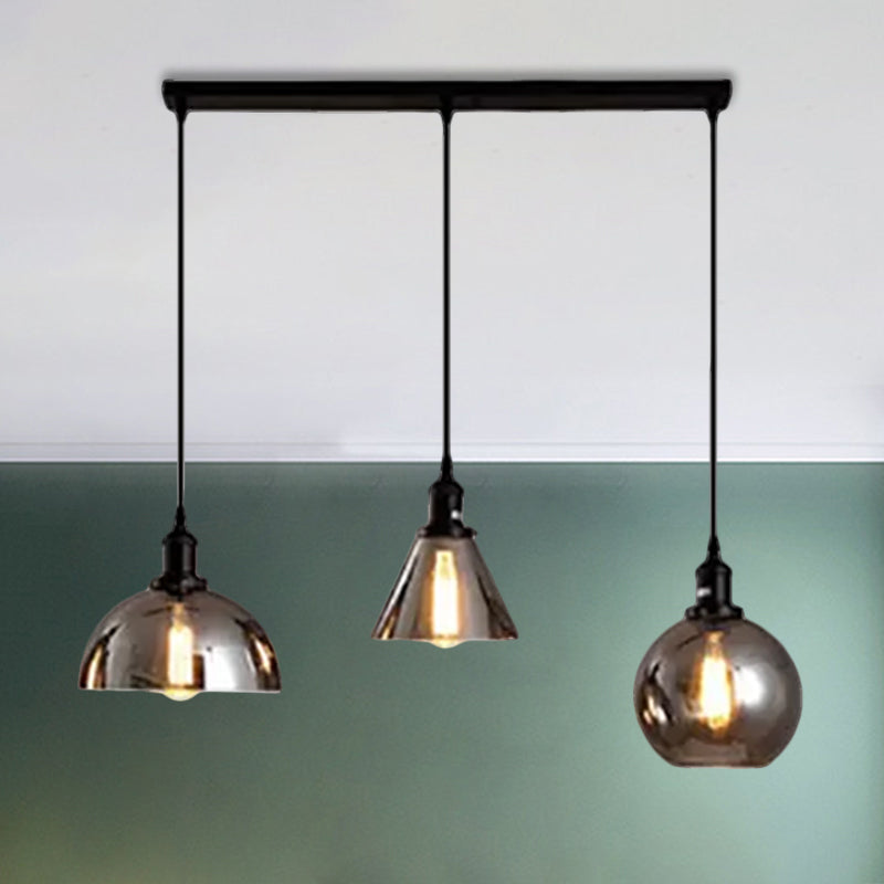 Industrial Smoked Glass Geometric Pendant Light Cluster With Black 3/4 Lights Linear/Round Canopy