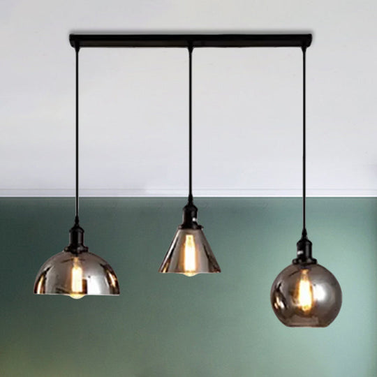 Industrial Smoked Glass Geometric Pendant Light Cluster With Black 3/4 Lights Linear/Round Canopy