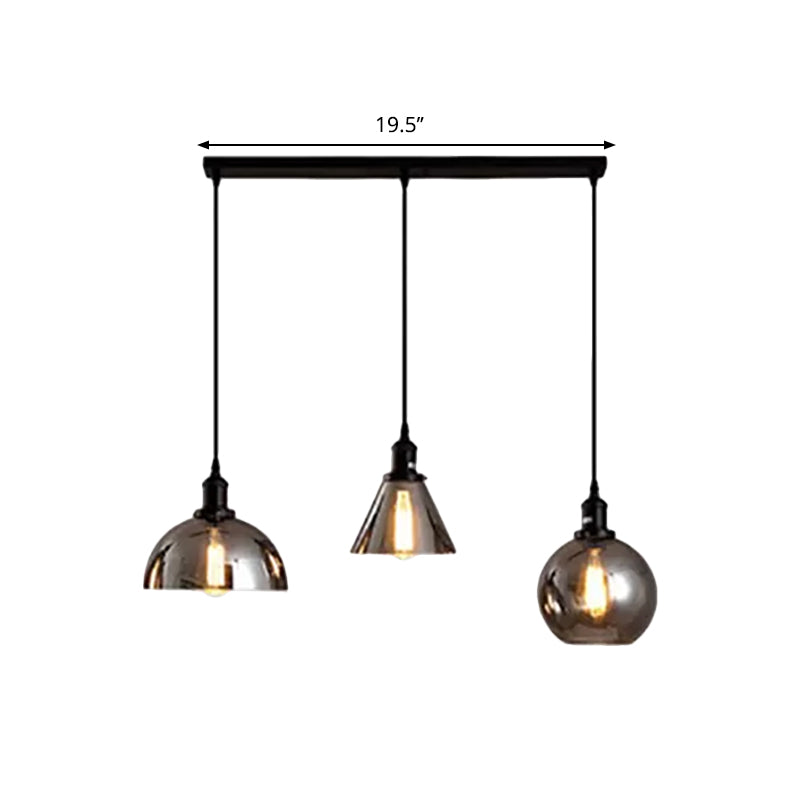 Industrial Smoked Glass Geometric Pendant Light Cluster With Black 3/4 Lights Linear/Round Canopy