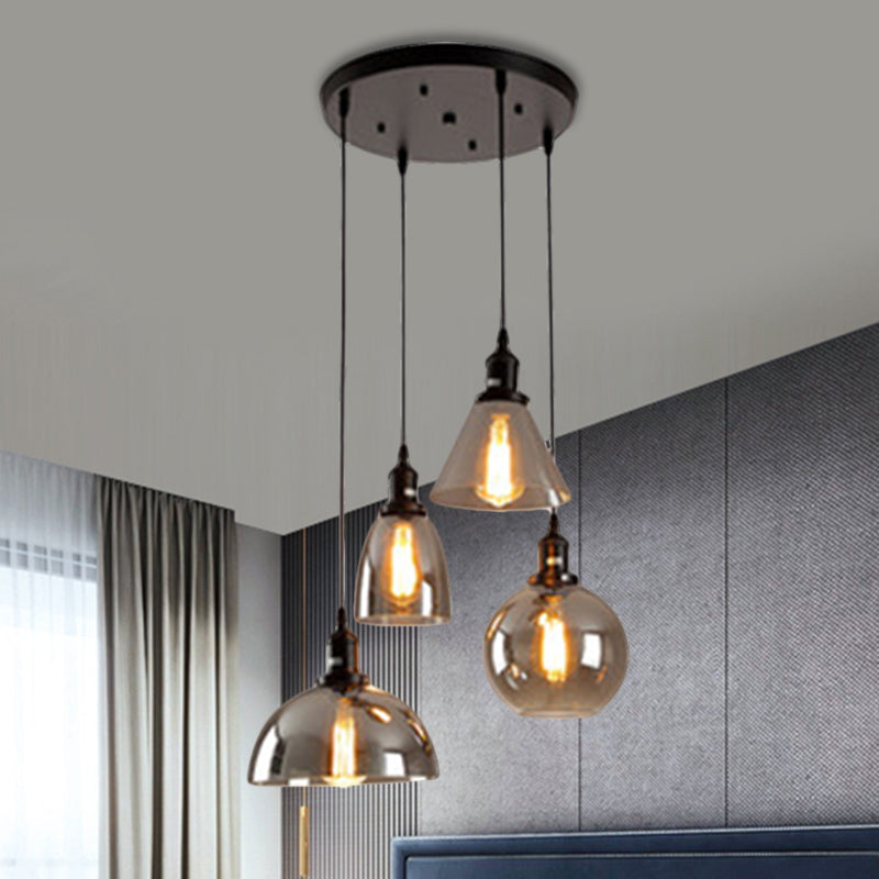 Industrial Smoked Glass Geometric Pendant Light Cluster With Black 3/4 Lights Linear/Round Canopy