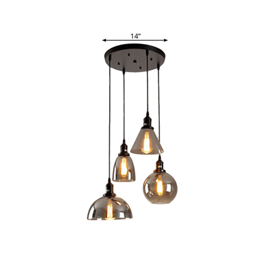 Industrial Smoked Glass Geometric Pendant Light Cluster With Black 3/4 Lights Linear/Round Canopy