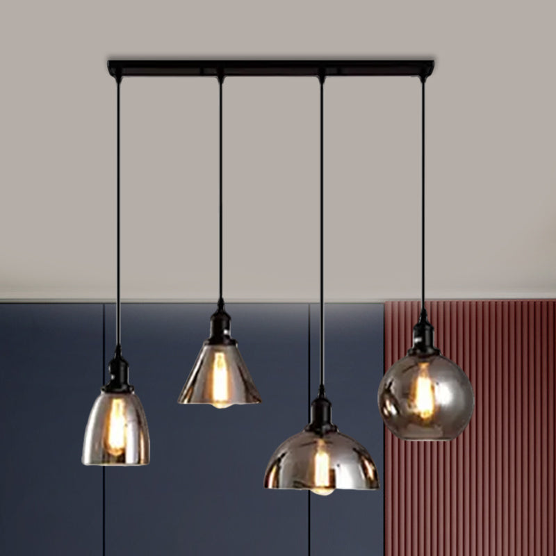 Industrial Smoked Glass Geometric Pendant Light Cluster With Black 3/4 Lights Linear/Round Canopy 4