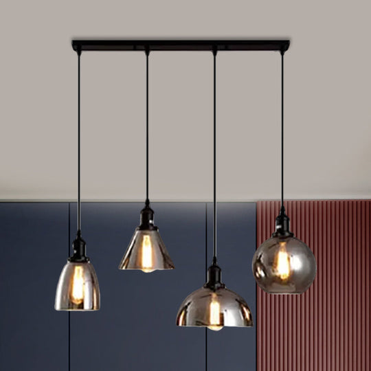 Industrial Smoked Glass Geometric Pendant Light Cluster With Black 3/4 Lights Linear/Round Canopy 4