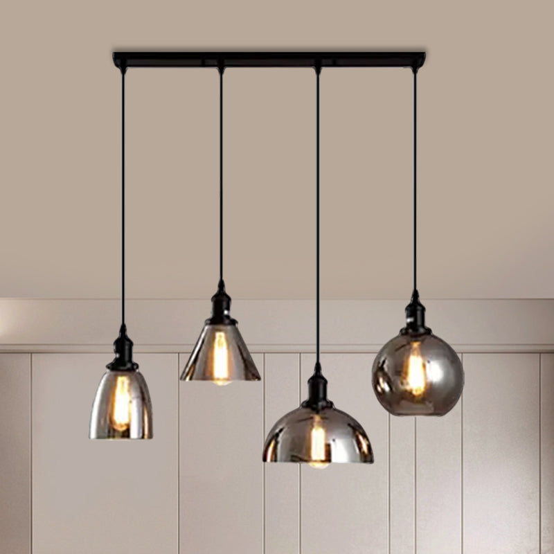 Industrial Smoked Glass Geometric Pendant Light Cluster With Black 3/4 Lights Linear/Round Canopy