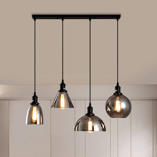 Industrial Smoked Glass Geometric Pendant Light Cluster With Black 3/4 Lights Linear/Round Canopy