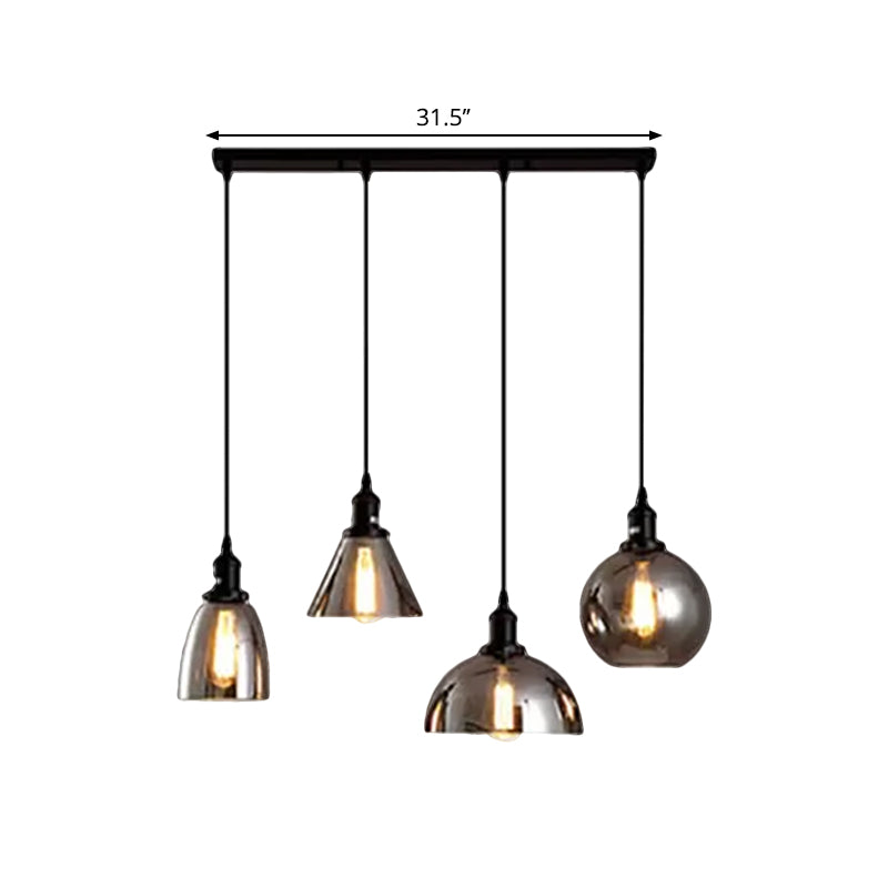 Industrial Smoked Glass Geometric Pendant Light Cluster With Black 3/4 Lights Linear/Round Canopy