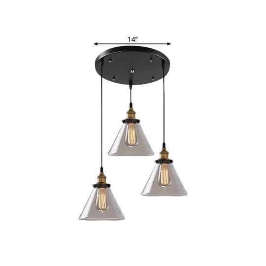 Cone/Bowl Smoked Glass Industrial Pendant Hanging Lamp - 3-Light Coffee Shop Fixture With