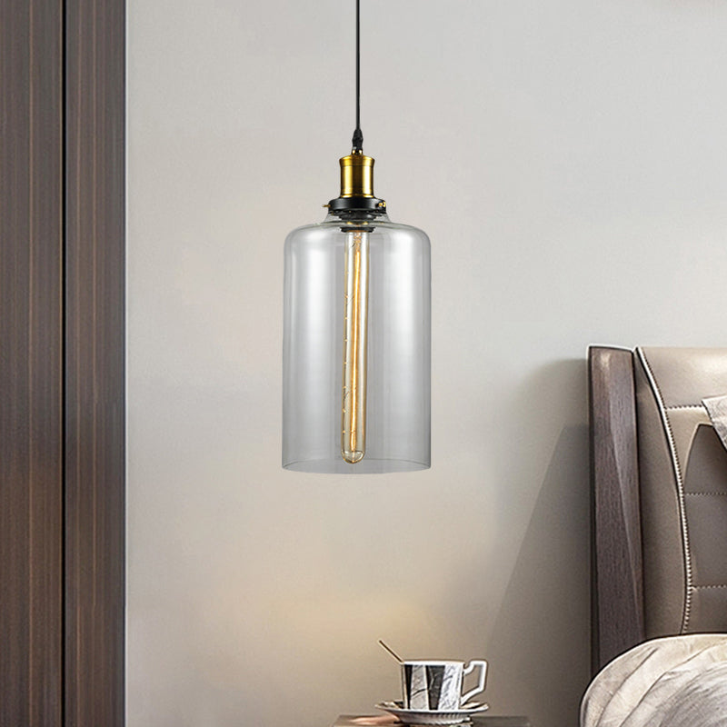 Vintage Brass Clear Glass Ceiling Pendant Light - 1-Light Cylinder/Dome/Schoolhouse Lamp