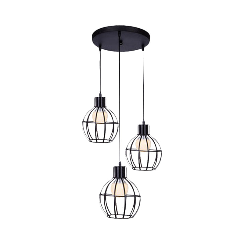 Sleek Vintage Black Metallic Ceiling Lamp - Global Suspended Light With Cage Shade