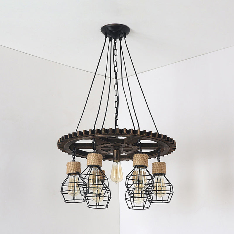 Antique Stylish Black Finish Iron Pendant Light Fixture - 5/7-Head Wire Guard Suspended Lamp With