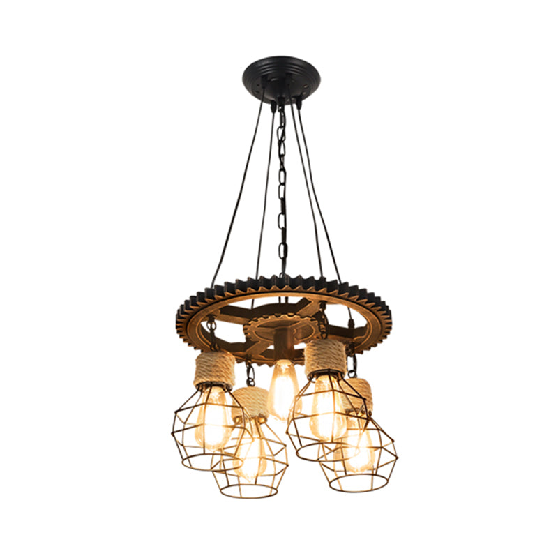 Antique Style Black Iron Pendant Light With Wire Guard - 5/7-Head Suspended Lamp Fixture