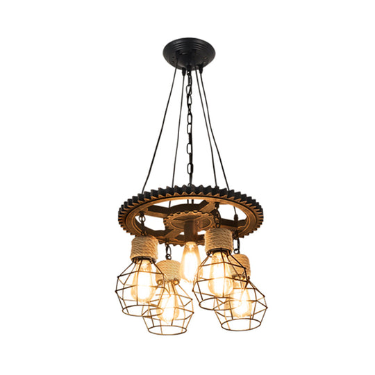 Antique Style Black Iron Pendant Light With Wire Guard - 5/7-Head Suspended Lamp Fixture