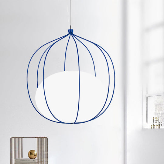 Modern Pendant Light With Milk Glass Shade And Melon Wire Frame - Ideal For Offices Blue