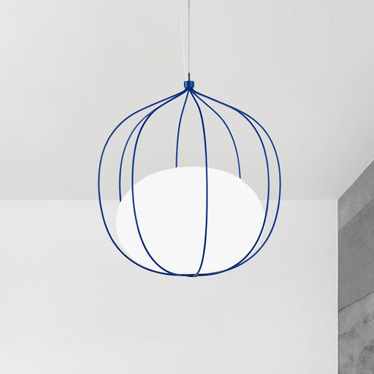 Modern Pendant Light With Milk Glass Shade And Melon Wire Frame - Ideal For Offices