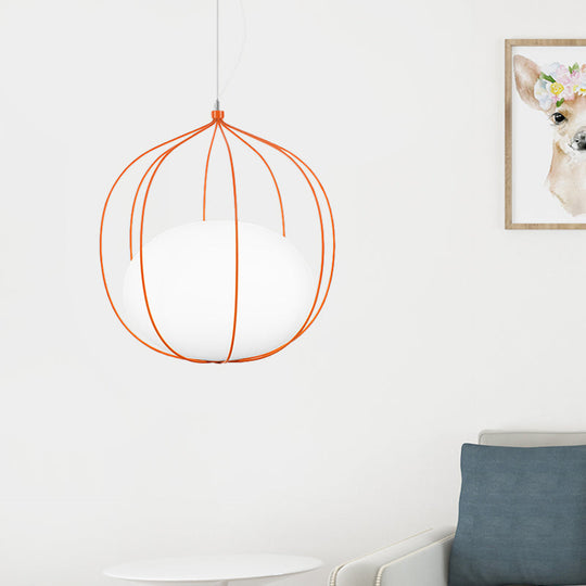 Modern Pendant Light With Milk Glass Shade And Melon Wire Frame - Ideal For Offices