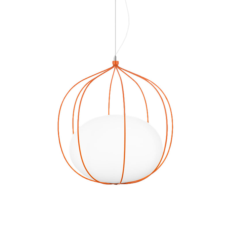 Modern Pendant Light: Egg Milk Glass Suspension With Melon Wire Frame - Ideal For Offices