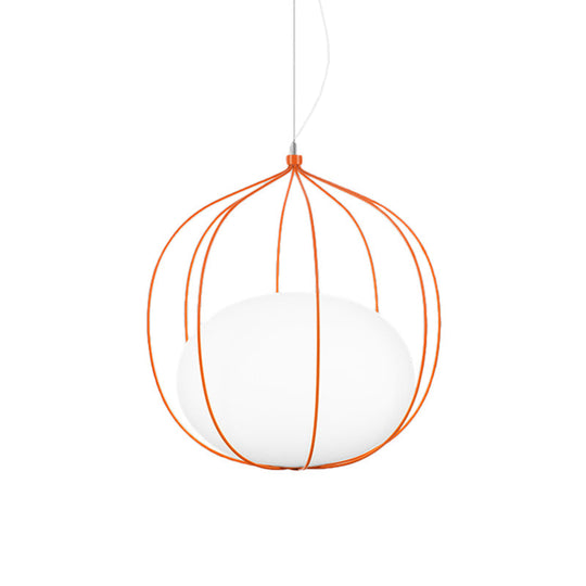 Modern Pendant Light: Egg Milk Glass Suspension With Melon Wire Frame - Ideal For Offices