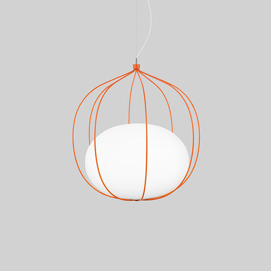 Modern Pendant Light With Milk Glass Shade And Melon Wire Frame - Ideal For Offices