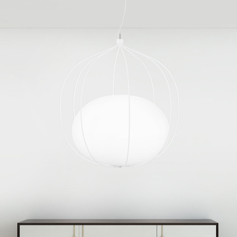 Modern Pendant Light With Milk Glass Shade And Melon Wire Frame - Ideal For Offices White