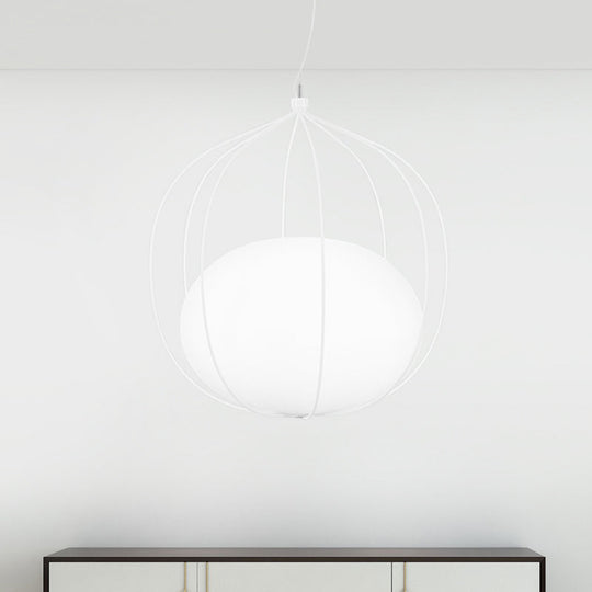 Modern Pendant Light With Milk Glass Shade And Melon Wire Frame - Ideal For Offices White