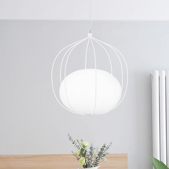 Modern Pendant Light With Milk Glass Shade And Melon Wire Frame - Ideal For Offices