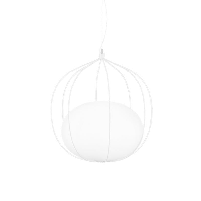 Modern Pendant Light: Egg Milk Glass Suspension With Melon Wire Frame - Ideal For Offices