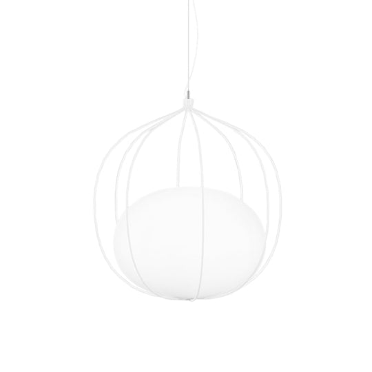 Modern Pendant Light With Milk Glass Shade And Melon Wire Frame - Ideal For Offices