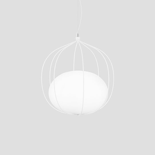 Modern Pendant Light With Milk Glass Shade And Melon Wire Frame - Ideal For Offices