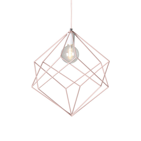 Macaron Cube Cage Pendant Light - Stylish Iron Undertint Hanging Lamp For Dining Table And Hallway