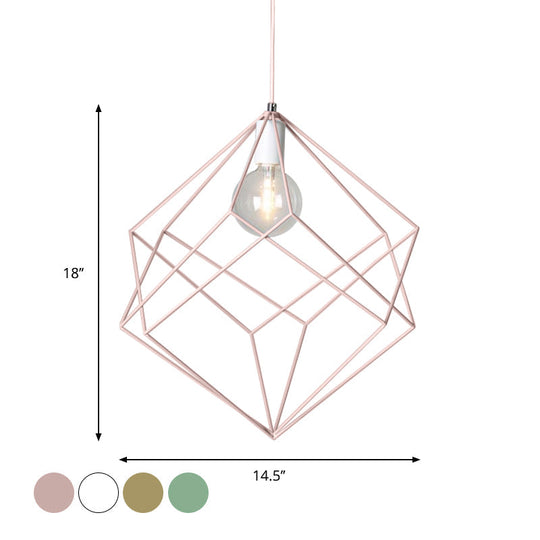 Macaron Cube Cage Pendant Light - Stylish Iron Undertint Hanging Lamp For Dining Table And Hallway