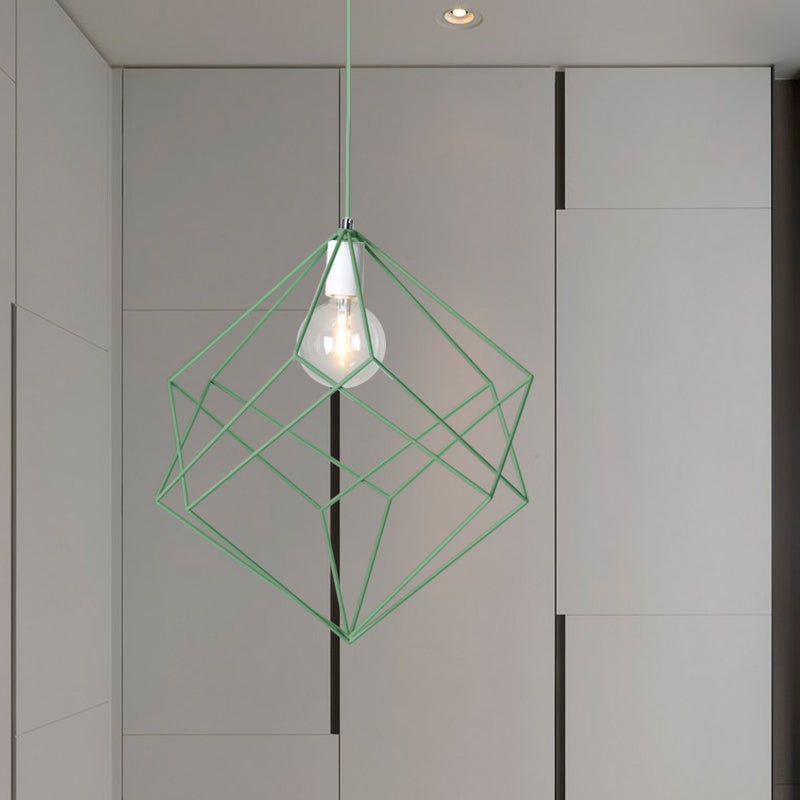 Macaron Cube Cage Pendant Light - Stylish Iron Undertint Hanging Lamp For Dining Table And Hallway