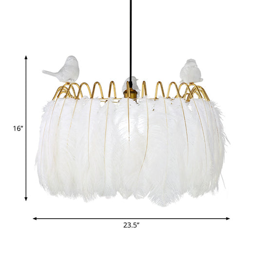 Modern Bird Fabric Drum Pendant Lamp - White 1-Light Hanging For Bedroom