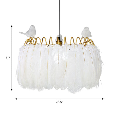 Modern Bird Fabric Drum Pendant With 1 Light For Bedroom