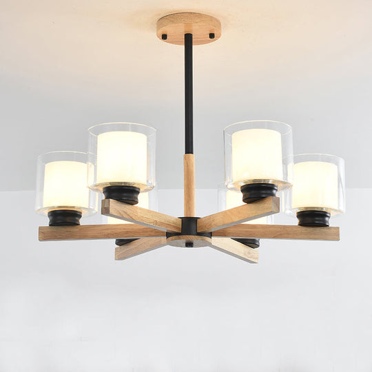 Wooden Hanging Chandelier With Double Glass Cylinder Shade - 3/6 Light Ceiling Lamp For Living Room