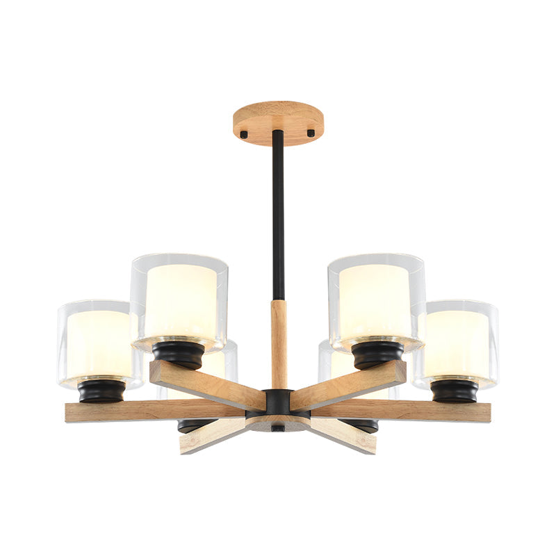 Wooden Hanging Chandelier With Double Glass Cylinder Shade - 3/6 Light Ceiling Lamp For Living Room