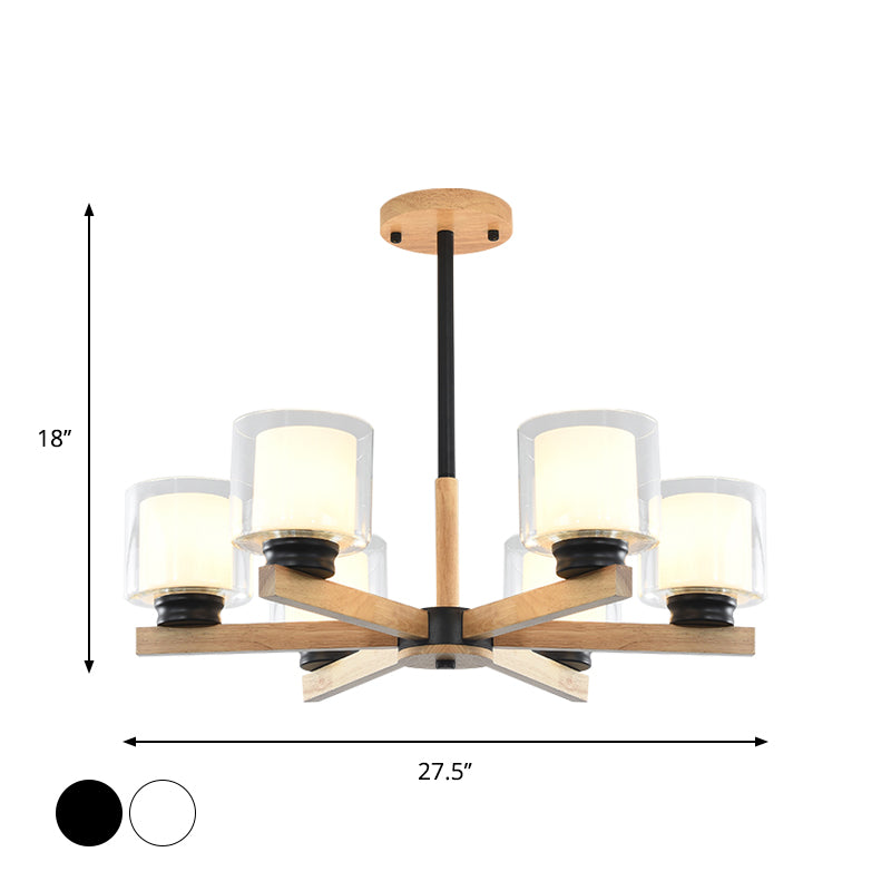 Wooden Hanging Chandelier With Double Glass Cylinder Shade - 3/6 Light Ceiling Lamp For Living Room