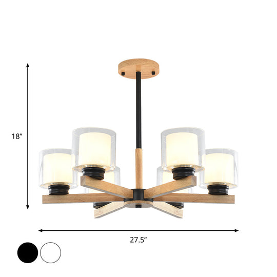 Wooden Hanging Chandelier With Double Glass Cylinder Shade - 3/6 Light Ceiling Lamp For Living Room