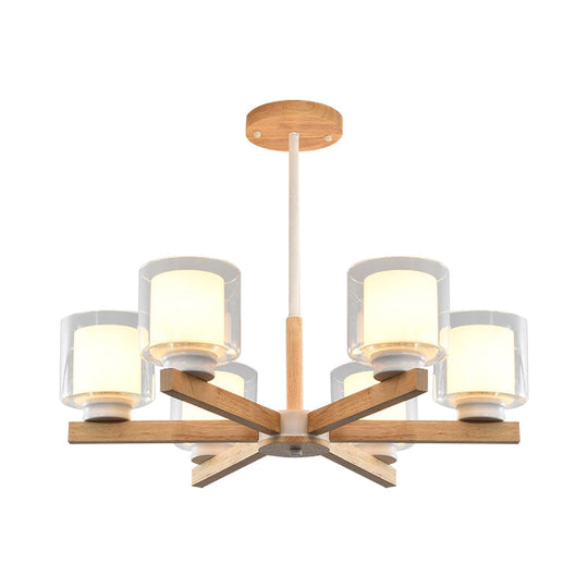 Wooden Hanging Chandelier With Double Glass Cylinder Shade - 3/6 Light Ceiling Lamp For Living Room