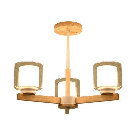 Wooden Hanging Chandelier With Double Glass Cylinder Shade - 3/6 Light Ceiling Lamp For Living Room