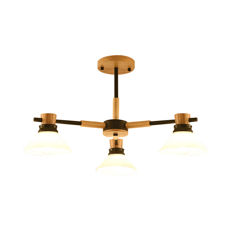 Modern Glass And Wood Hanging Pendant Chandelier - Black/Gold Branch Cone Shade For Sitting Room