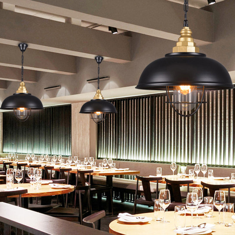 Nautical Black Bowl Suspension Lamp With Metallic Wire Cage - Perfect For Restaurant Ceilings