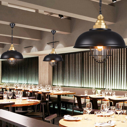 Nautical Black Bowl Suspension Lamp With Metallic Wire Cage - Perfect For Restaurant Ceilings