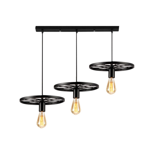 Industrial Style Iron Hanging Pendant Light With Wheel - 3 Lights Black Bare Bulb Perfect For